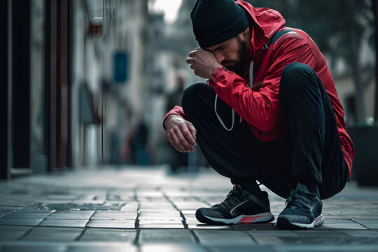 A runner in a sports suit rests after a race