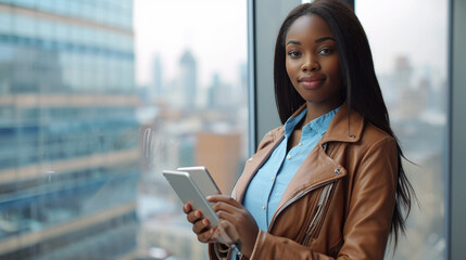 Fototapeta premium Young woman holding a tablet, standing confidently in an office environment with a large window and urban view in the background.