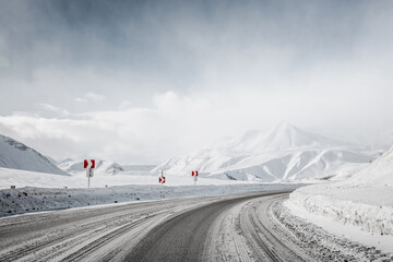 snow winter mountain road. blizzard. - 715849094