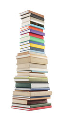 High stack of many different books isolated on white
