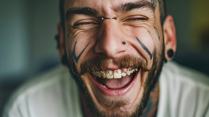 Smiling Tattooed man with silver grillz dental jewelry and facial tattoos