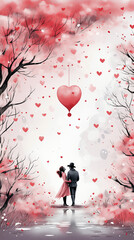 Man and woman in love with pink hearts on the tree, Valentine's Day background