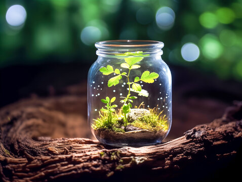 A young plant thrives within a glass jar, symbolizing sustainability and growth, placed on an aged wooden surface.
