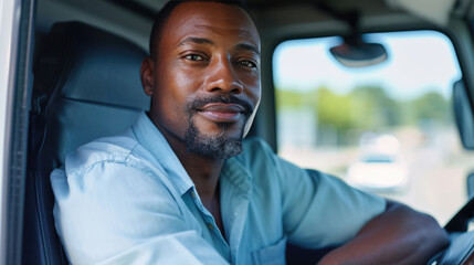 Confident man with a beard smiling at the camera while sitting in the driver's seat of a vehicle, with his hands on the steering wheel.