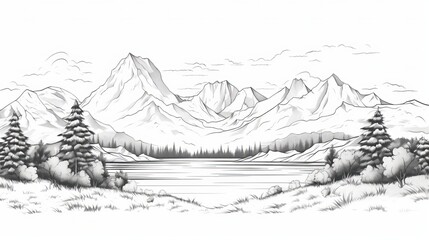 Tranquil Mountain Landscape in Minimalistic Line Art Style, Nature Illustration
