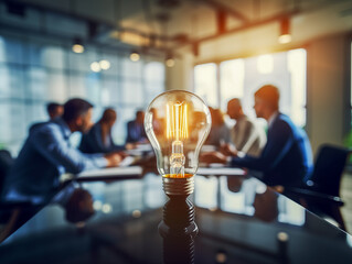 A creative business team engaged in a brainstorming session, symbolized by a central glowing lightbulb in a modern office.