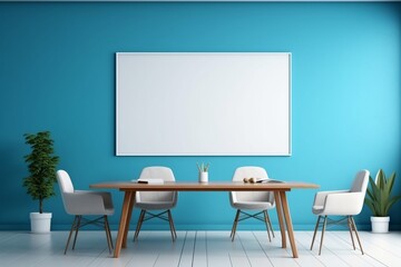 A light-colored meeting room with a desk and chair, an empty mockup frame on the vibrant blue wall. Blank empty mockup frame.
