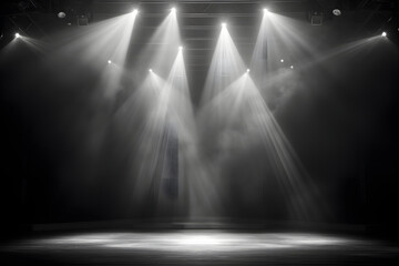 Stage with spotlights, smoke, and dramatic lighting on a dark background. Empty concert stage with copy space. - obrazy, fototapety, plakaty