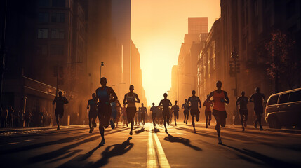 silhouette of running athletes in an urban environment. Marathon