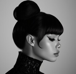 black and white black photograph of a woman with high bun head