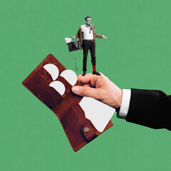 Businessman standing on and holding giant wallet and spreading hands. Bankruptcy. Finance literacy. Contemporary art collage. Concept of economic crisis, business, depression, finances, despair