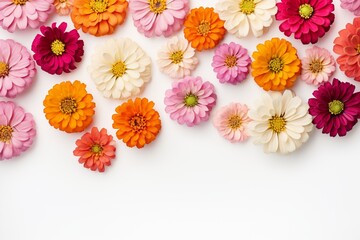 Vibrant cluster of zinnia flowers on a clean white backdrop, ideal for text.