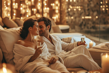 Couple in love enjoys a romantic spa experience with champagne and ambient candle lighting - obrazy, fototapety, plakaty