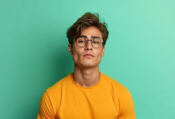 a male man in glasses is posing wearing a yellow shirt