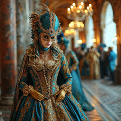 An elegant masquerade ball during the Venetian Carnival, dancers in exquisite period costumes and intricate masks, opulent ballroom setting with chandeliers and marble floors, rich, and luxurious - obrazy, fototapety, plakaty