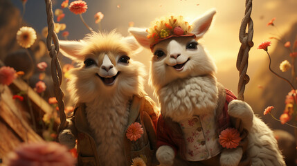 Obraz premium Anthropomorphic two happy llamas boy and girl swinging on a swing. The concept of falling in love. Evening light. Generated with AI.
