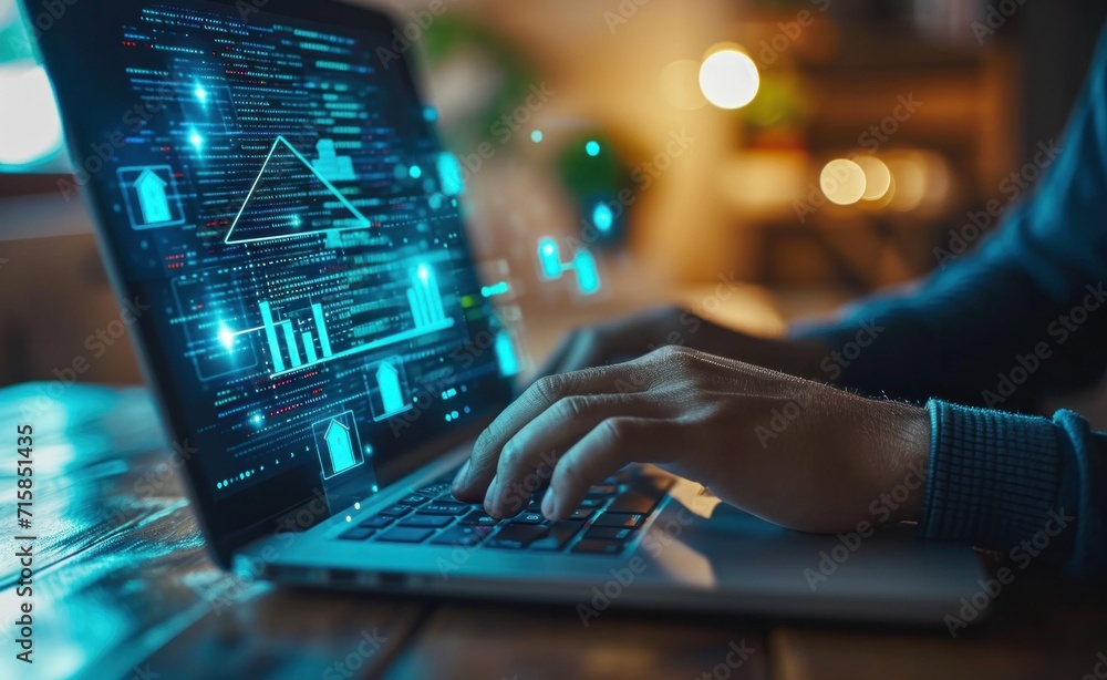 Poster a man is using a laptop with graphs on it and a house symbol on it