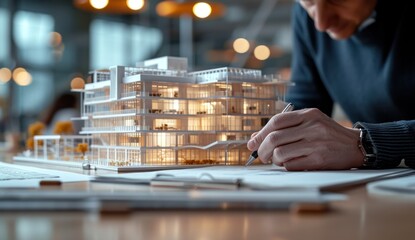 a person writing an application letter and the model of a building
