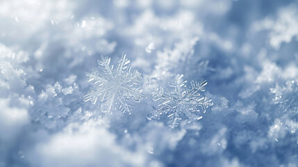 Macro shot of snowflakes during snowfall in freeze motion. Winter landscape with bokeh background