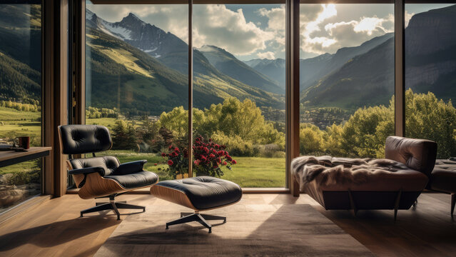 mountains interior retirement home office room background or backdrop for online presentations and virtual meetings in a mountain scene with expansive window views.