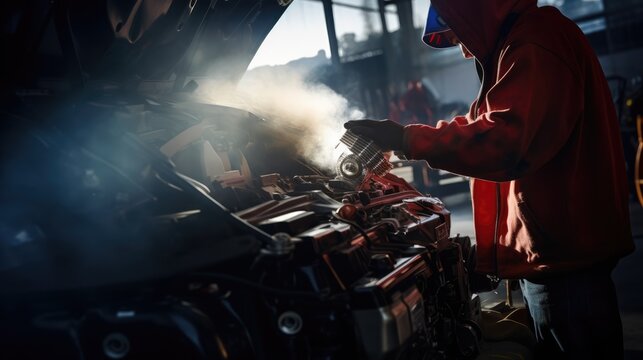 With expert precision, the auto repair master diligently conducts car engine repairs in the forefront of the auto service, showcasing unwavering commitment to automotive maintenance.
