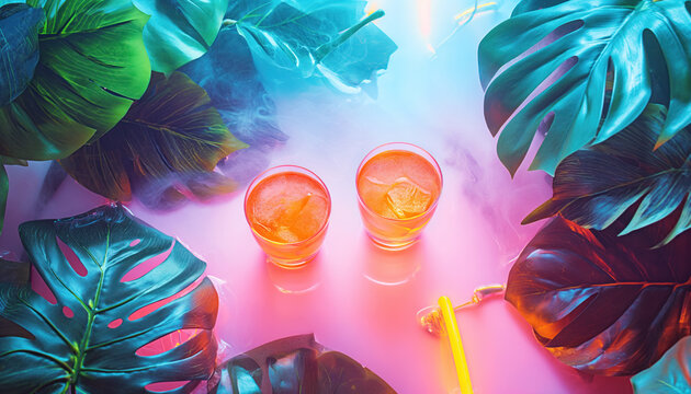 A bizarre scene of tropical cocktails, tropical plant leaves and neon lights