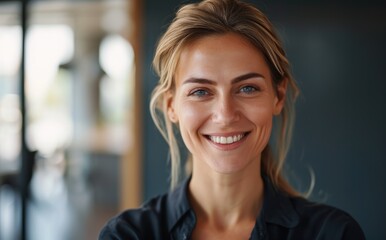 Professional woman with glasses, smiling warmly. create ai
