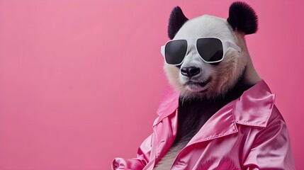 Creative animal concept. panda in glam fashionable couture high end outfits isolated on bright background advertisement, copy space. birthday party invite invitation banner