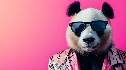 Creative animal concept. panda in glam fashionable couture high end outfits isolated on bright background advertisement, copy space. birthday party invite invitation banner - obrazy, fototapety, plakaty