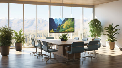 Fototapeta premium Scenic small office computer desk room interior background or backdrop for online presentations and virtual meetings teams video call