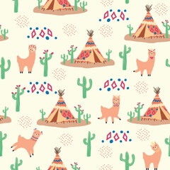 Obraz premium Cute pattern with llamas, cacti, Alps mountains, dream catcher, rainbows and hearts. Children s room design