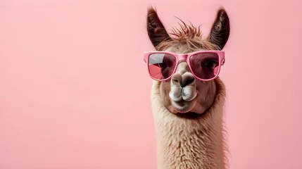 Foto op Plexiglas Creative animal concept. Llama in sunglass shade glasses isolated on solid pastel background, commercial, editorial advertisement, surreal surrealism © Muzikitooo
