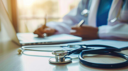 Close-up of a stethoscope on a wooden desk with a blurred background featuring a doctor writing on a clipboard, alongside a laptop, suggesting a medical professional at work in a clinic or hospital.