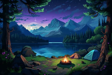 Poster Forest Tent .illustration of Camping Evening Scene. Tent, Campfire, Pine forest and rocky mountains background, starry night sky with moonlight © Farjana CF- 2969560