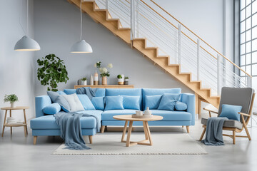 Contemporary living room with a large blue sofa and stylish wooden staircase