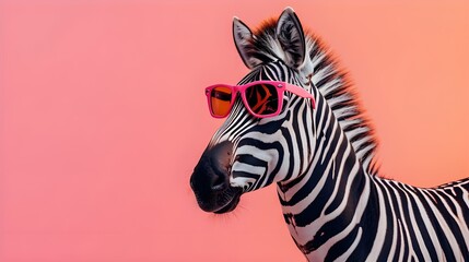 Creative animal concept. Zebra in sunglass shade glasses isolated on solid pastel background, commercial, editorial advertisement, surreal surrealism