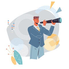 Businessman has a vision and ability to see business opportunities, discovering new solutions and driving success. Develop vision and seize business opportunities concept, flat vector illustration.