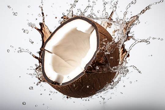 Cracked coconut with big splash, Coconuts with water splash isolated on white background