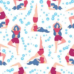 Seamless pattern Plus size curvy girls doing yoga class. Online home workout concept. Body positive