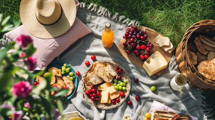 Aerial view of a picnic spread with various foods and a straw hat on a blanket in a sunny grassy...