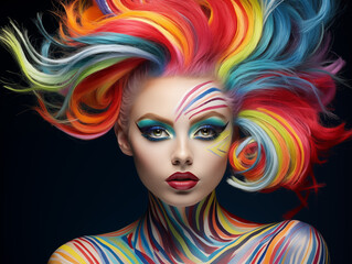 Model with distinctive, whimsical elements, such as vibrant colored hair or avant-garde makeup. AI Generative.
