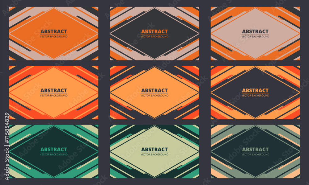 Poster Colored set of 9 geometric abstract backgrounds with rhombus shapes and frames. Vector illustration collection backgrounds design