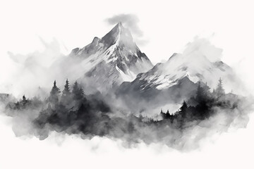 Foggy watercolor mountains, hills and trees isolated elements ,mountains watercolor forest wild nature. watercolor mountain range with high peaks against the blue sky.