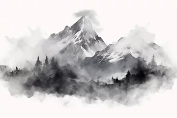 Deurstickers Foggy watercolor mountains, hills and trees isolated elements ,mountains watercolor forest wild nature. watercolor mountain range with high peaks against the blue sky. © Farjana CF- 2969560