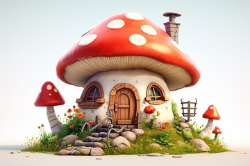 Fairy mushroom house 3D illustration ,Cartoon Fairy Mushroom House Clipart ,illustration of red mushroom house on a white background