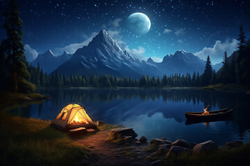 Fototapeta na wymiar Forest Tent .illustration of Camping Evening Scene. Tent, Campfire, Pine forest and rocky mountains background, starry night sky with moonlight