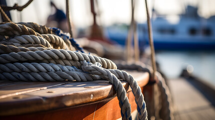 Gros plan sur une corde d'un vieux voilier amarré au port. - obrazy, fototapety, plakaty