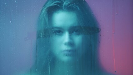 Portrait of female in neon light behind the glass window in steam and water drops. Girl with makeup looks directly at camera through wet glass.