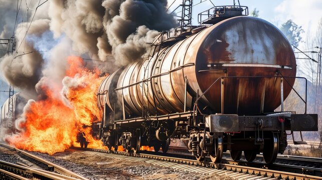 Burning train. Leakage of petroleum products. Fire and pollution of the ecosystem. Apocalyptic scene, train ablaze, toxic oil spreads.