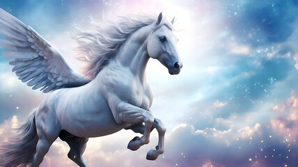 Realistic magical, mythical winged Pegasus unicorn horse fantasy background.